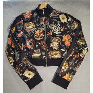 NWT Ed Hardy Y2K Shrunken Flashboard Tattoo Black Track Jacket Women’s Size XL